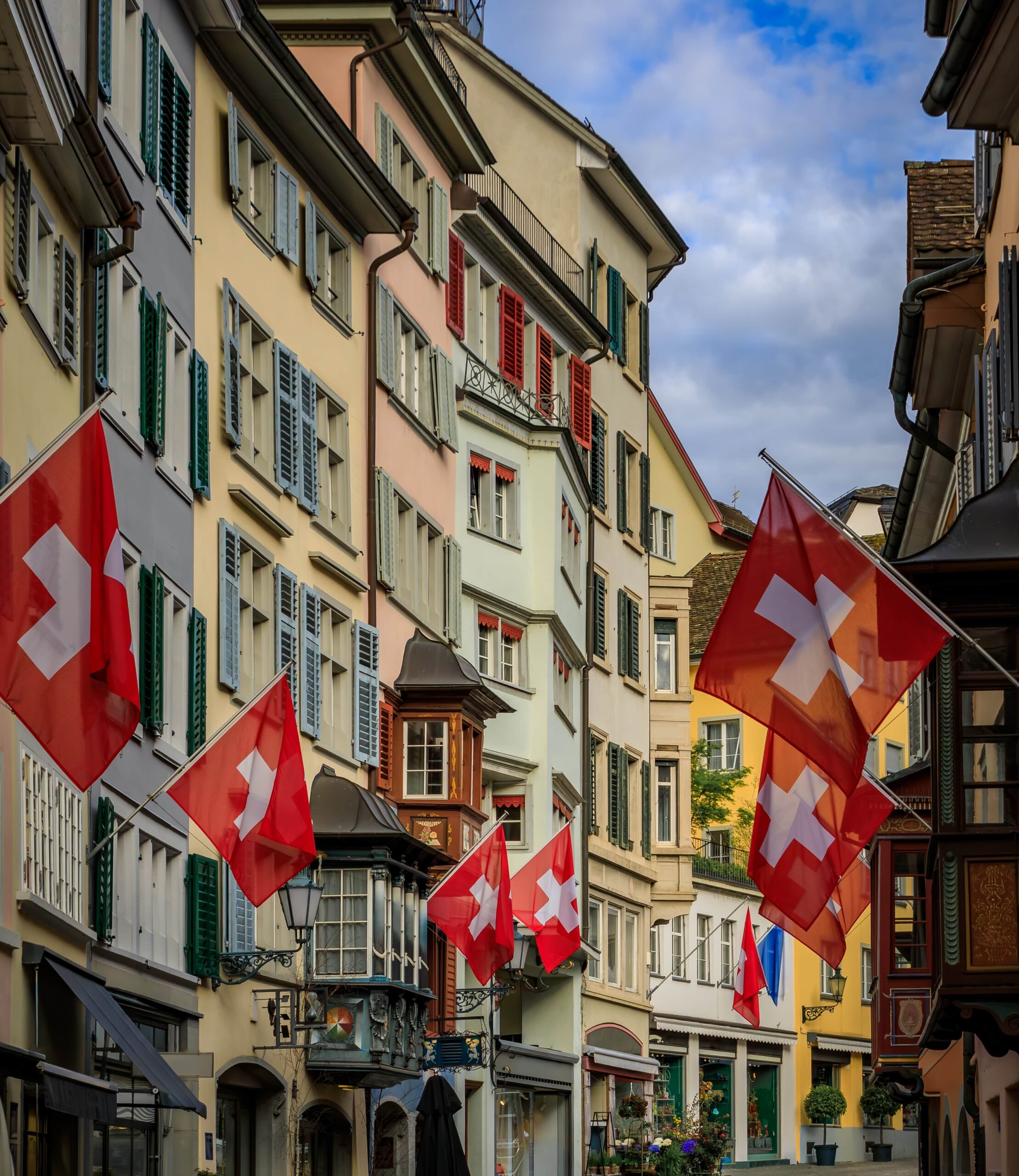 Street with flags of switzerland